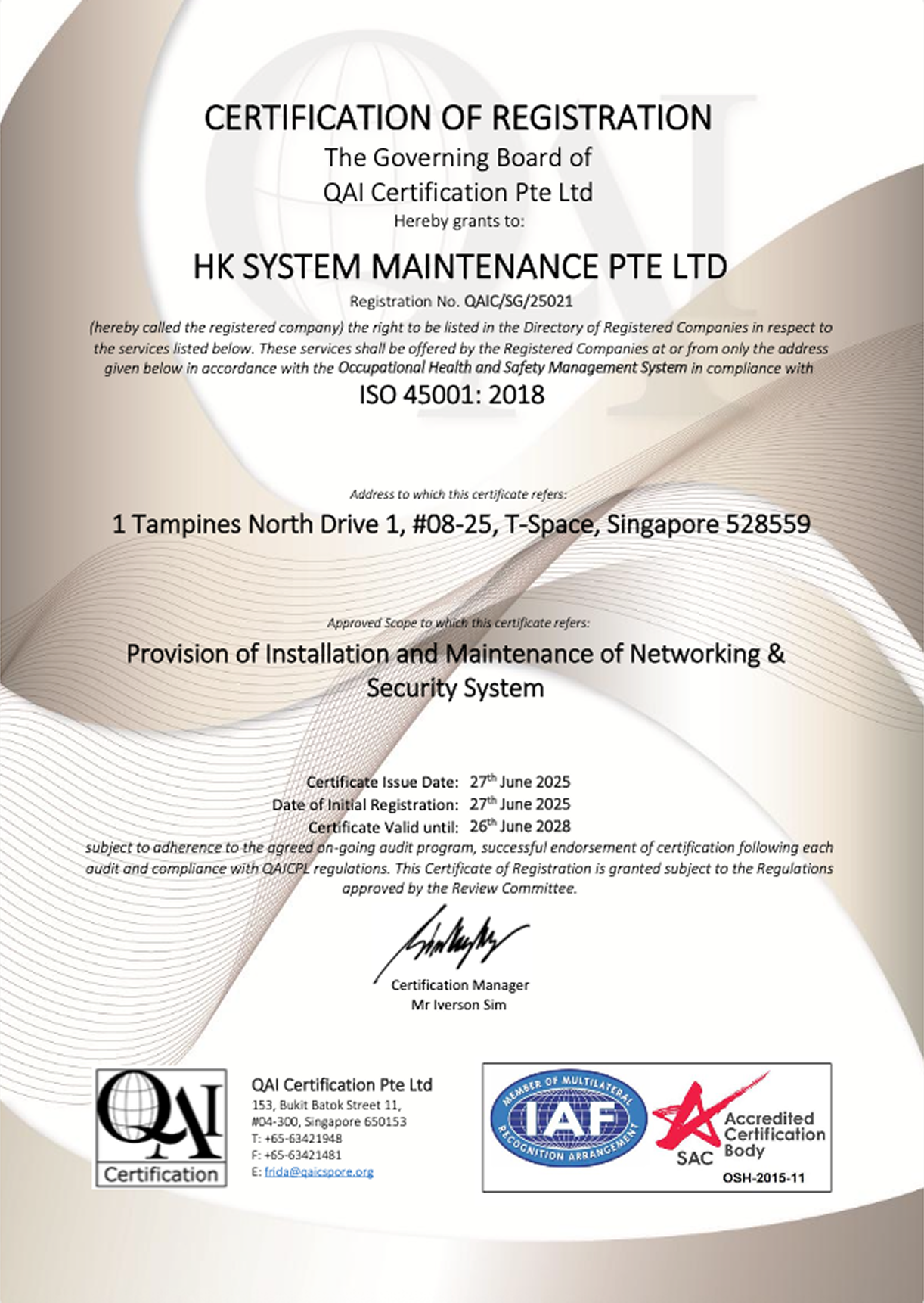 ISO 45001:2018 HK System Maintenance